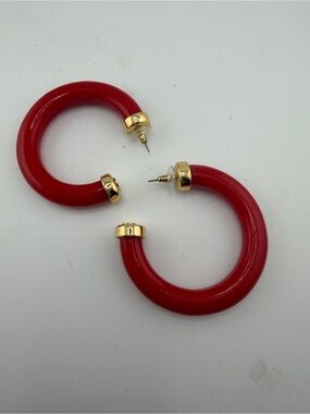 Kenneth Jay Lane for France’s Valentine Acrylic / Lucite Red Hoop Earrings